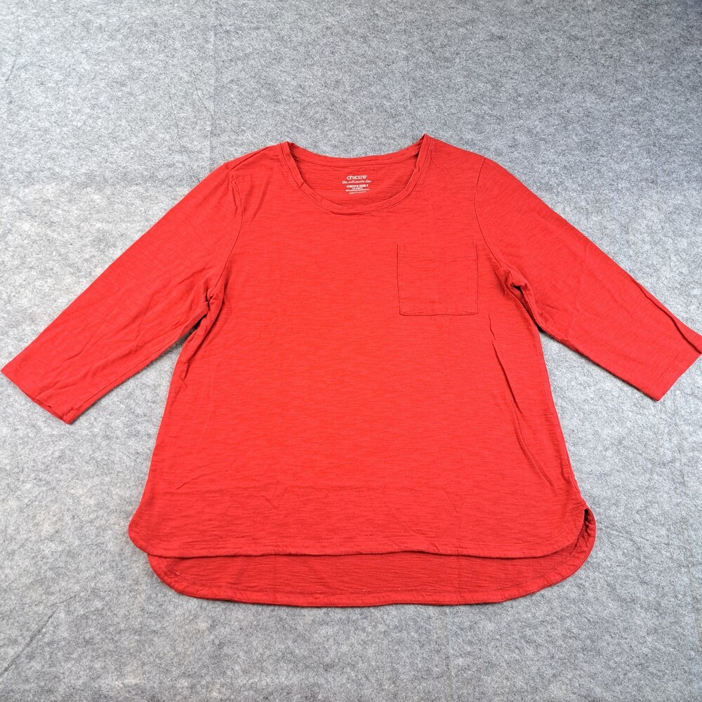 Chicos Shirt Womens XL Red Ultimate Tee Relaxed Fit Modal Pocket Top 3/4 Sleeve